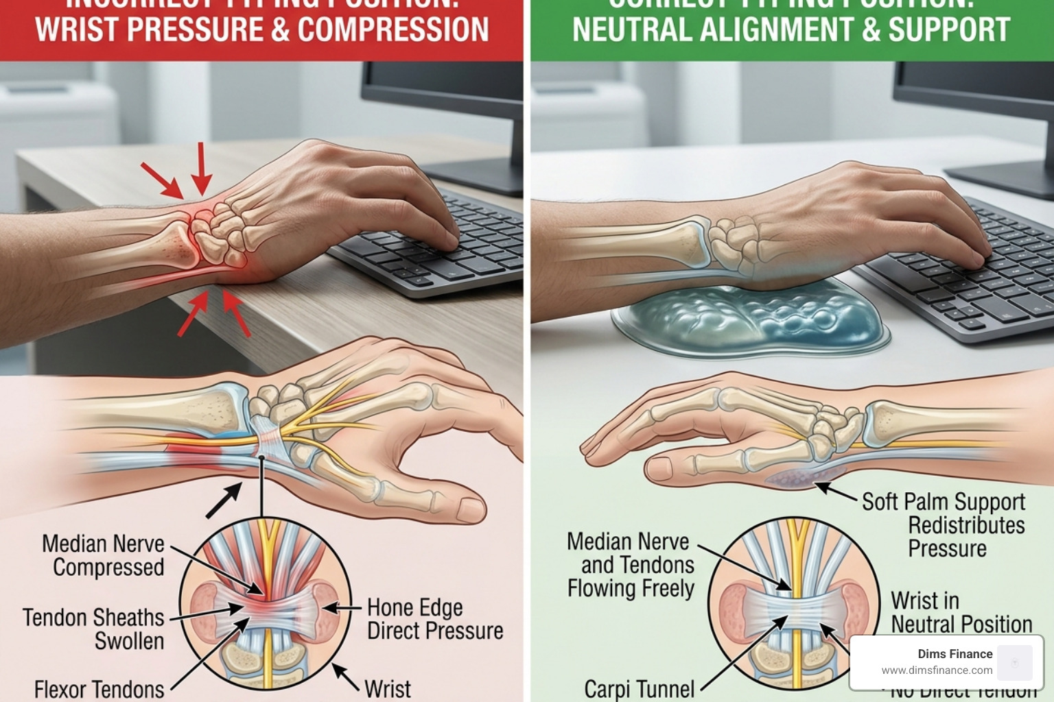 Diagram showing the correct placement of the palm heel on a support vs incorrect wrist pressure - keyboard palm rest benefits