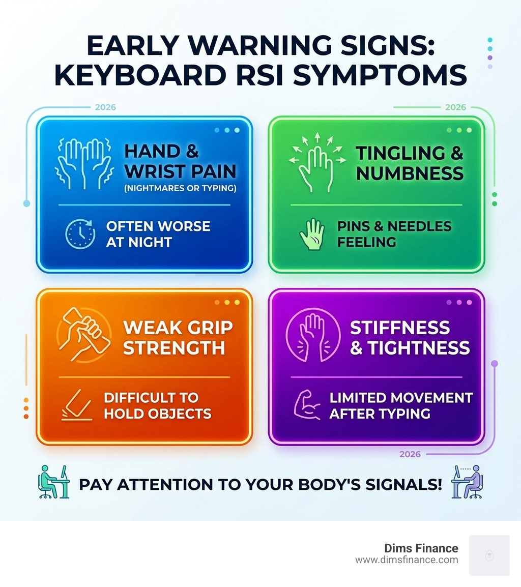 RSI symptoms and early warning signs infographic for keyboard users - keyboard rsi prevention brace infographic 