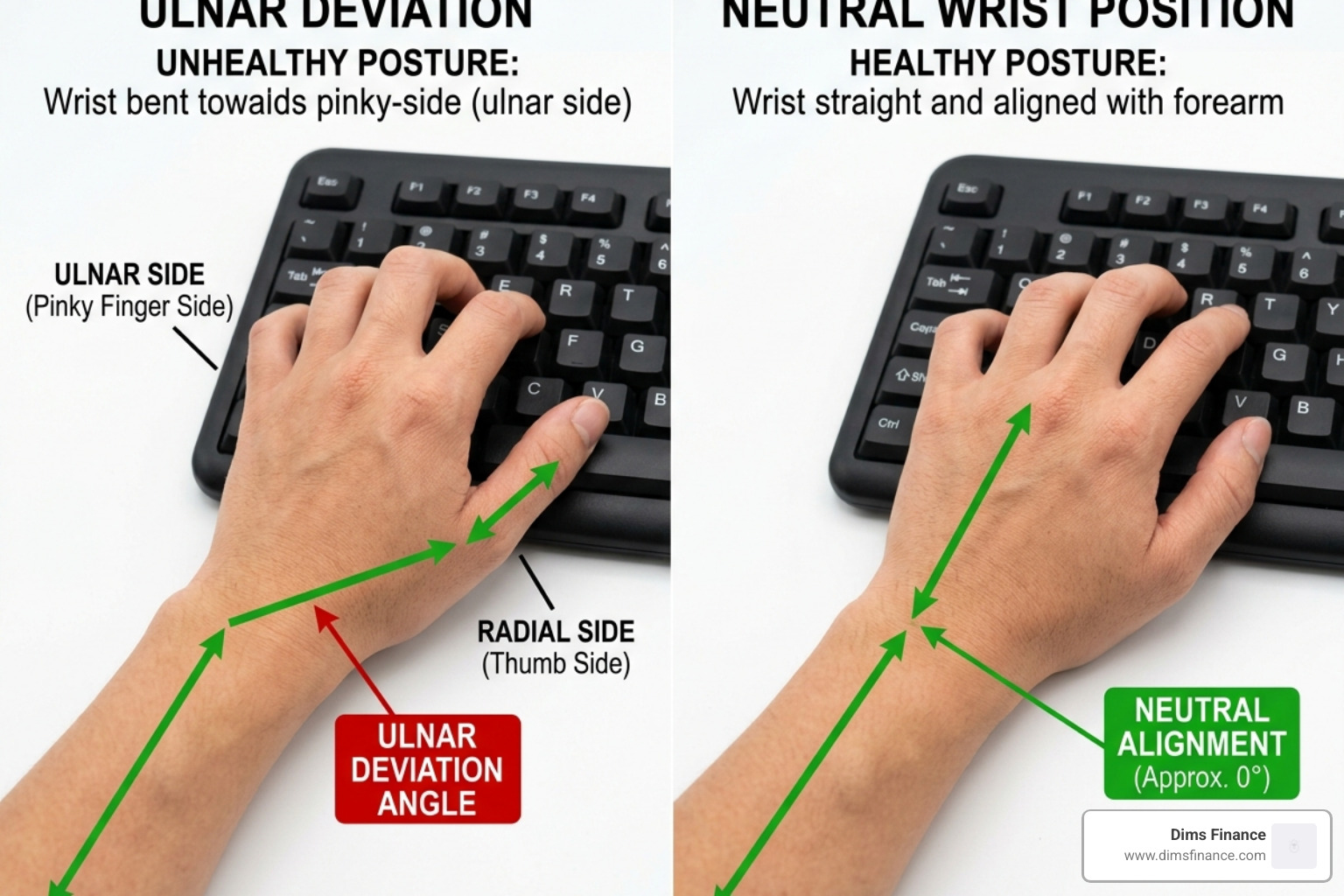 ulnar deviation vs neutral wrist comparison showing the angle of the hand relative to the forearm - wrist pain computer
