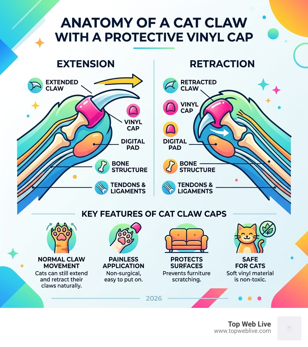 Anatomy of a cat claw with a protective vinyl cap showing extension and retraction - caps for cats claws infographic 