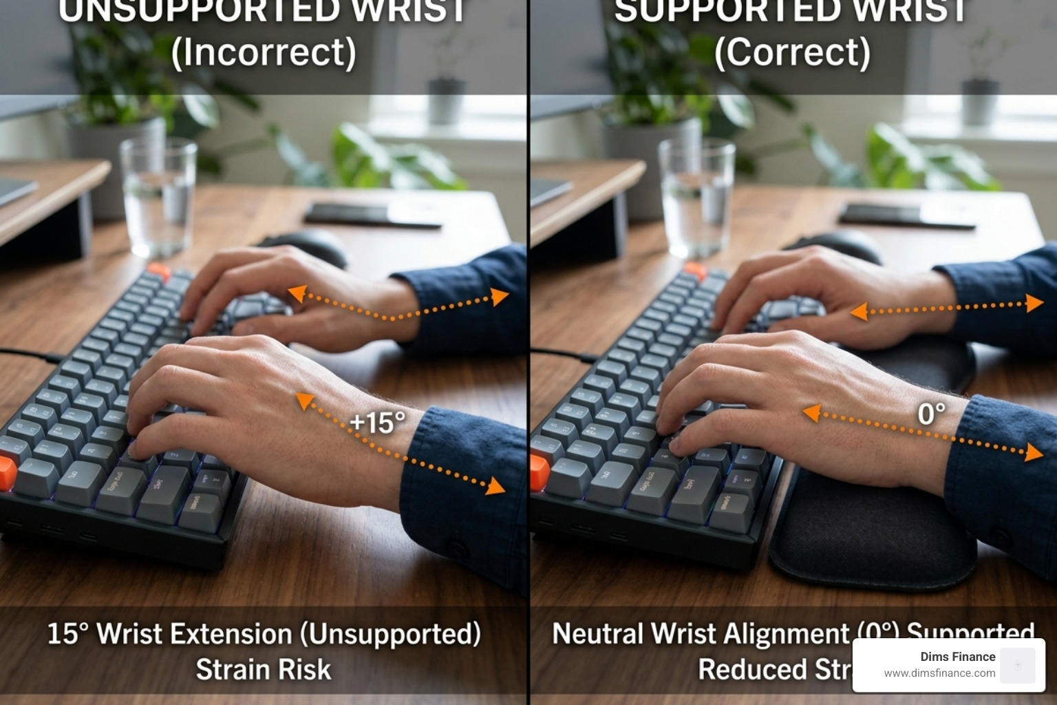 Graphic showing the 10 to 15-degree reduction in wrist extension when using a palm rest - keyboard palm rest benefits