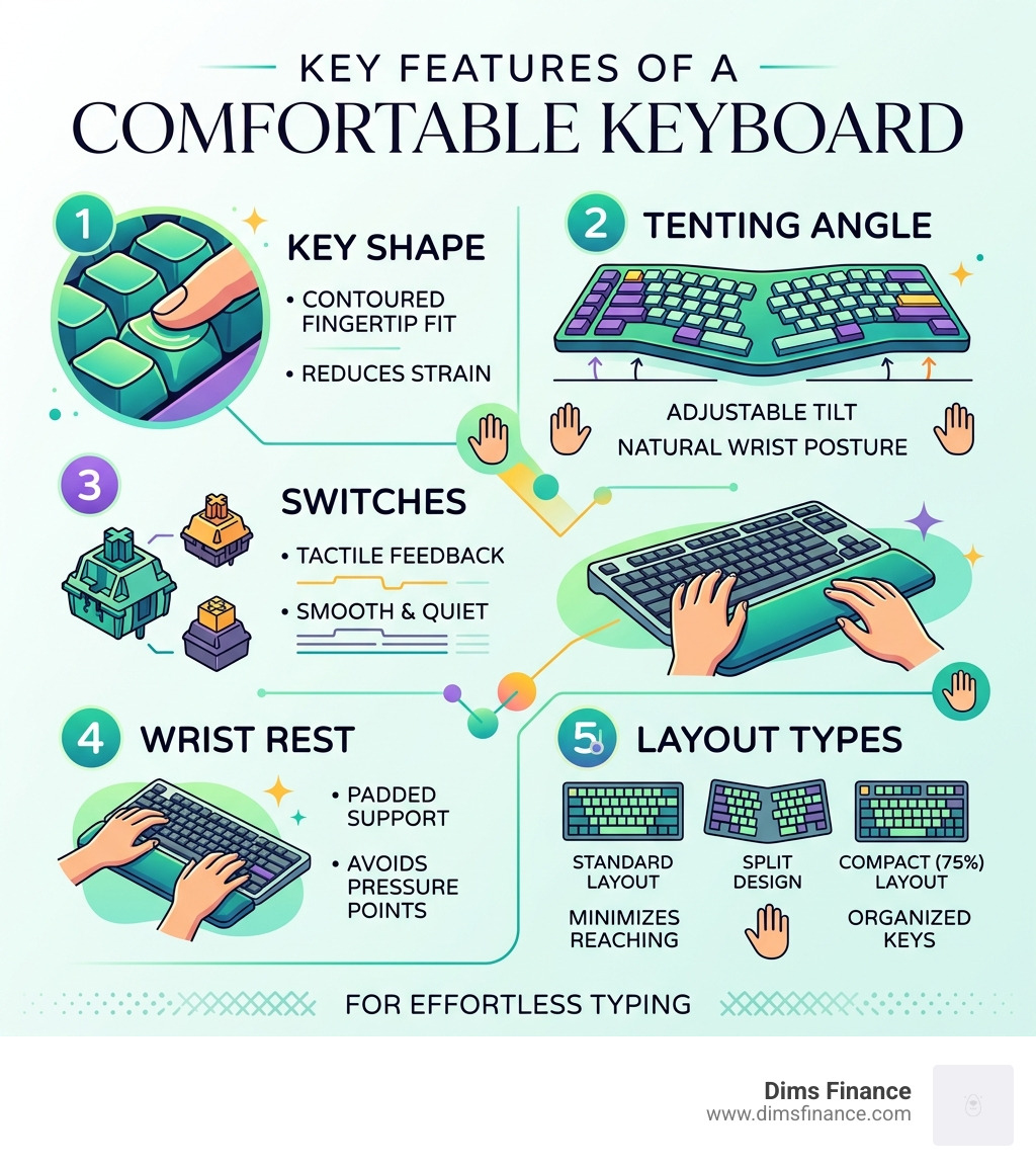 Key features of a comfortable keyboard for typing: key shape, tenting, switches, wrist rest, and layout types - comfortable