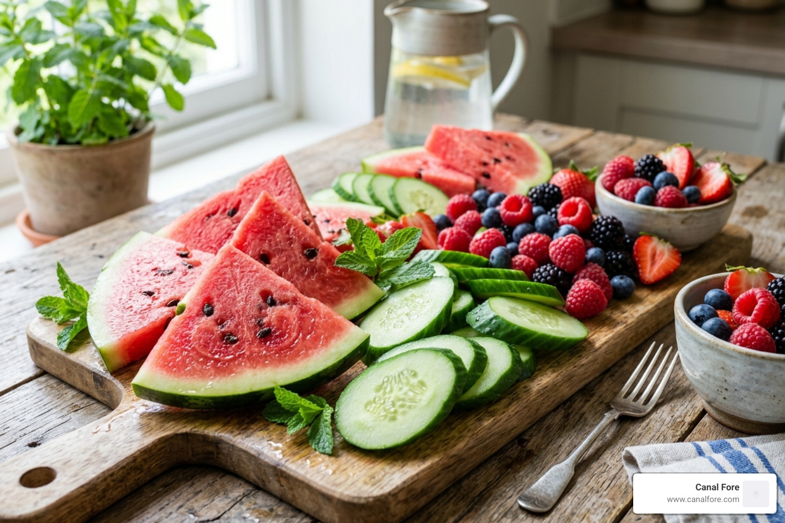 A vibrant spread of hydrating fruits and vegetables like watermelon, cucumber, and berries - best lifestyle for clear skin
