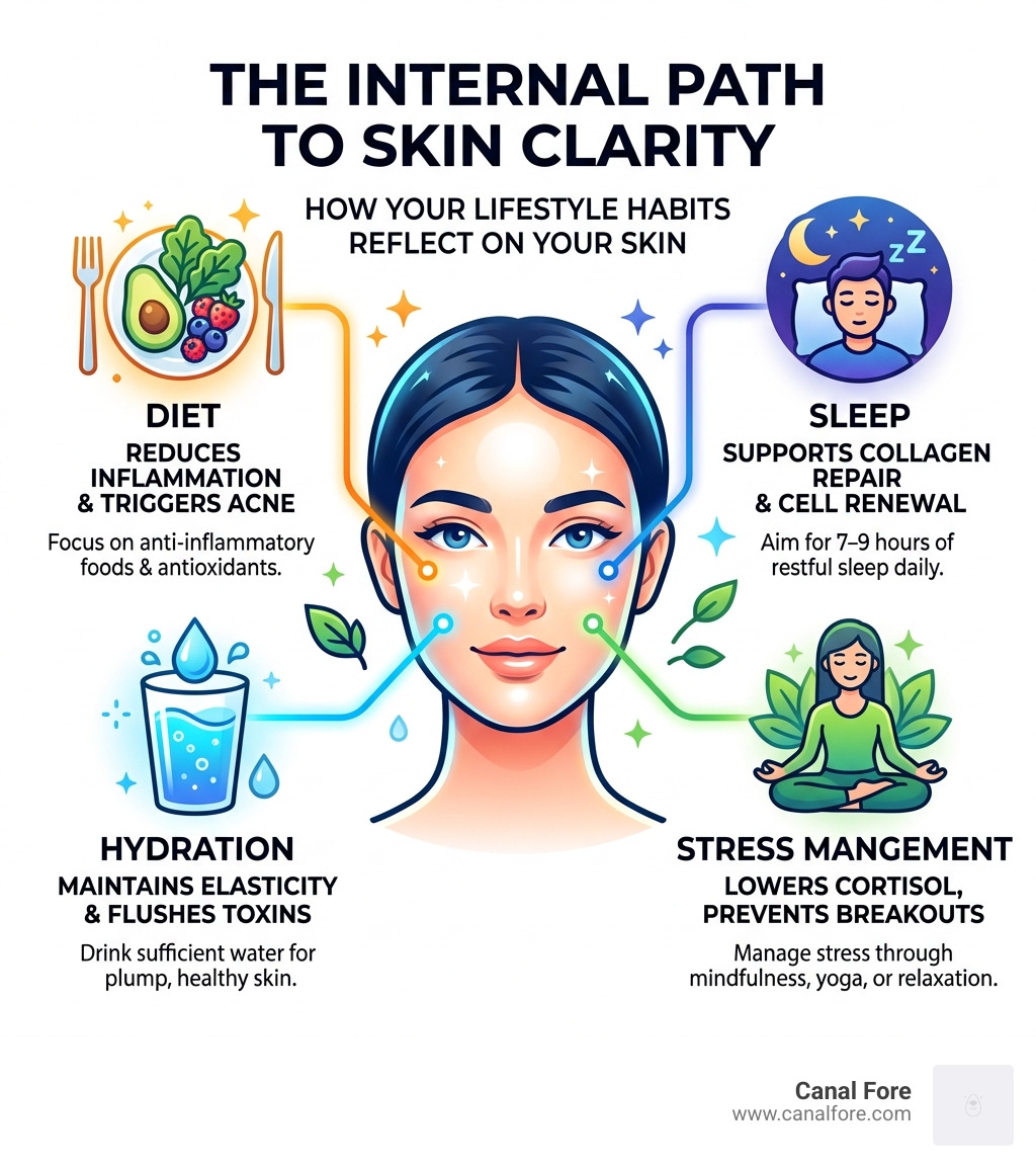 Infographic showing how internal health factors like diet, sleep, stress, and hydration connect to skin clarity - best