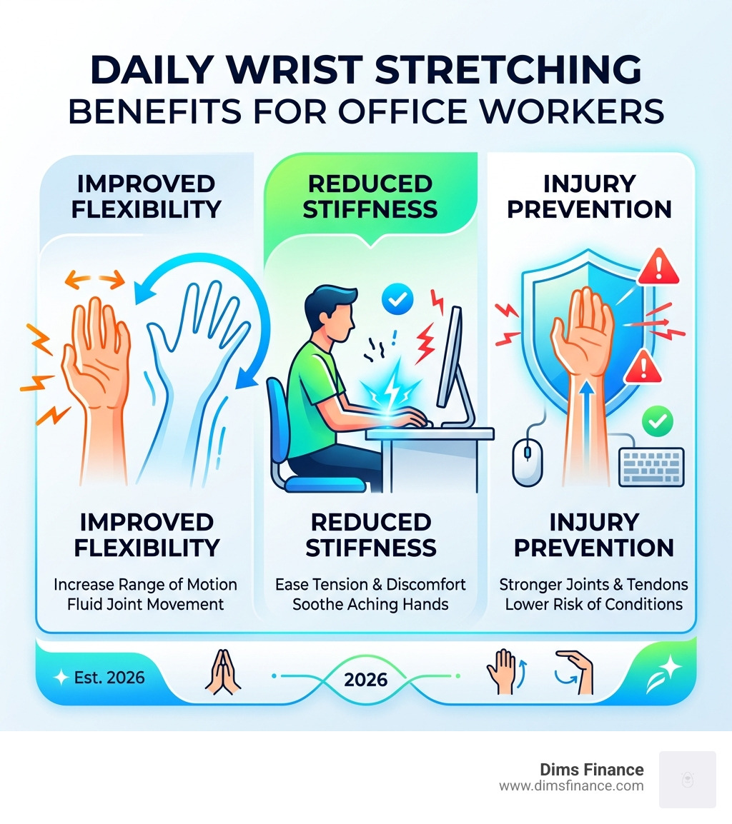 Daily wrist stretching benefits infographic for office workers showing improved flexibility, reduced stiffness, and injury