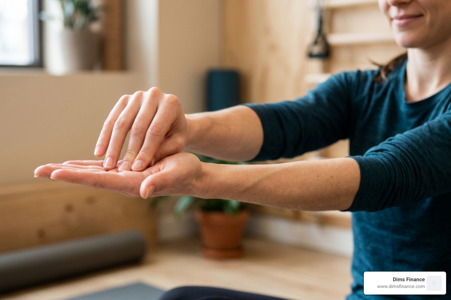 correct form for a wrist flexor stretch showing the hand being gently pulled back - stretching exercises for wrist