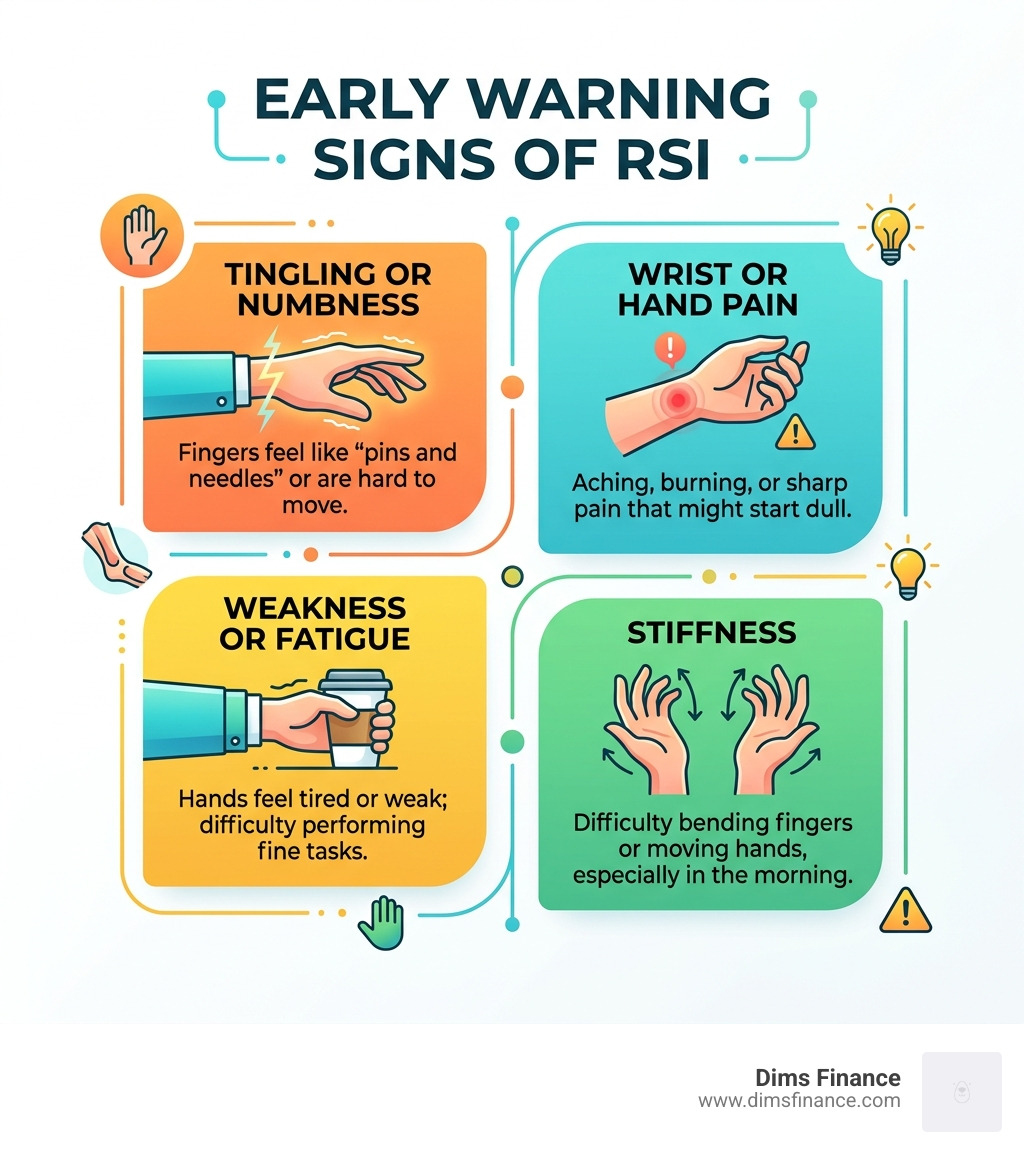 Early warning signs of RSI infographic with symptoms like tingling, numbness, and wrist pain - prevent repetitive strain