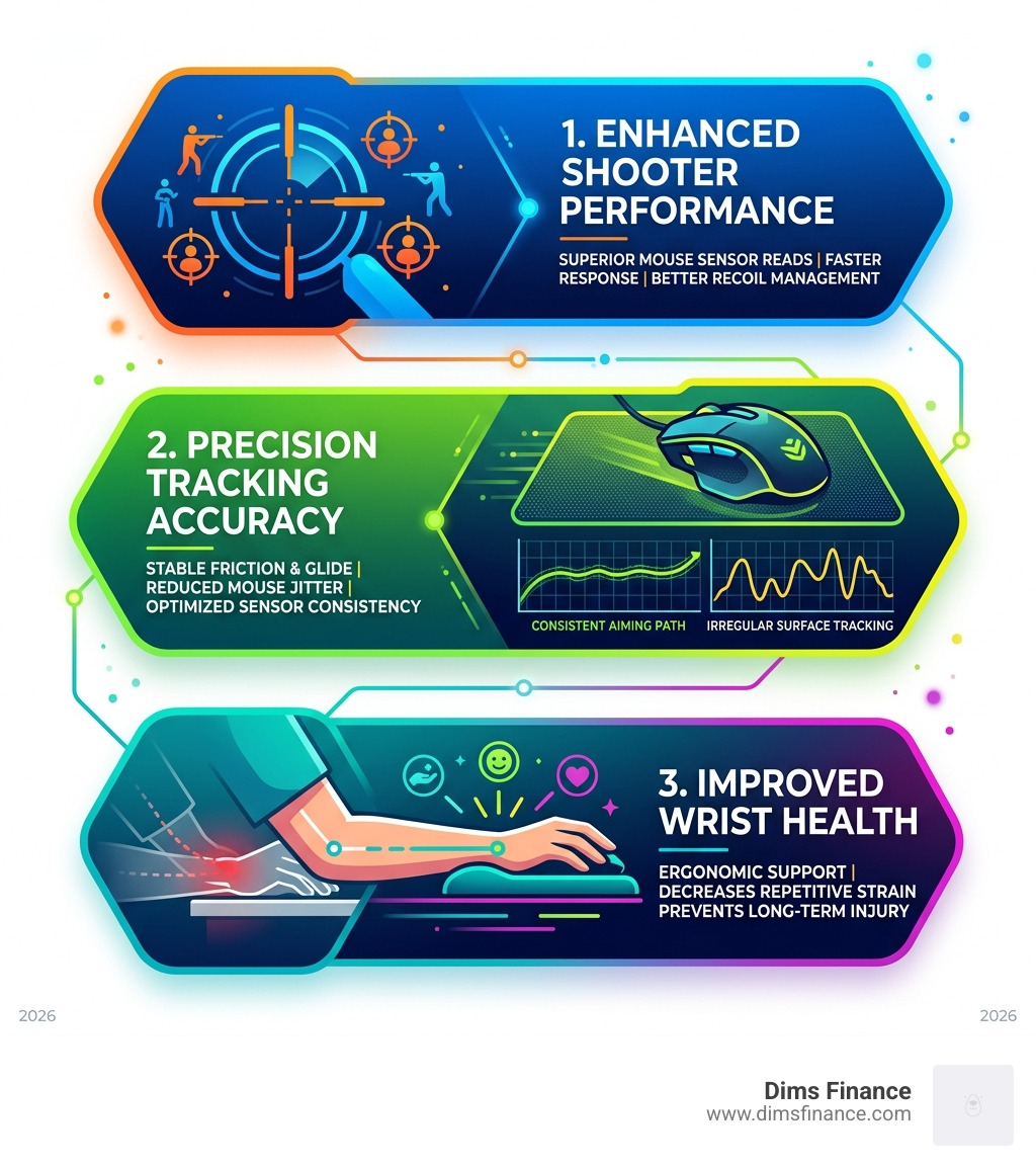 infographic showing why pro gaming mouse pads matter for shooters, tracking accuracy, and wrist health - pro gaming mouse