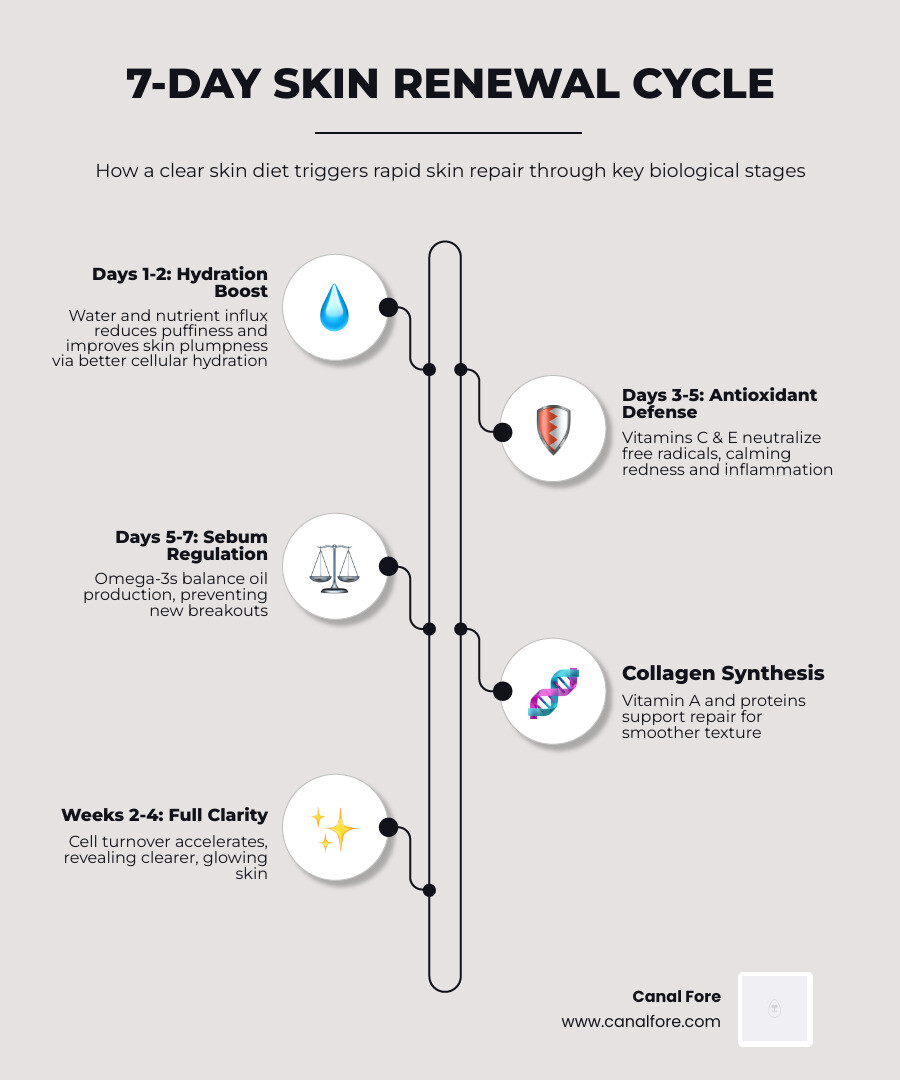 7-day skin renewal cycle and key nutrients for clear skin diet infographic - clear skin in a week diet infographic