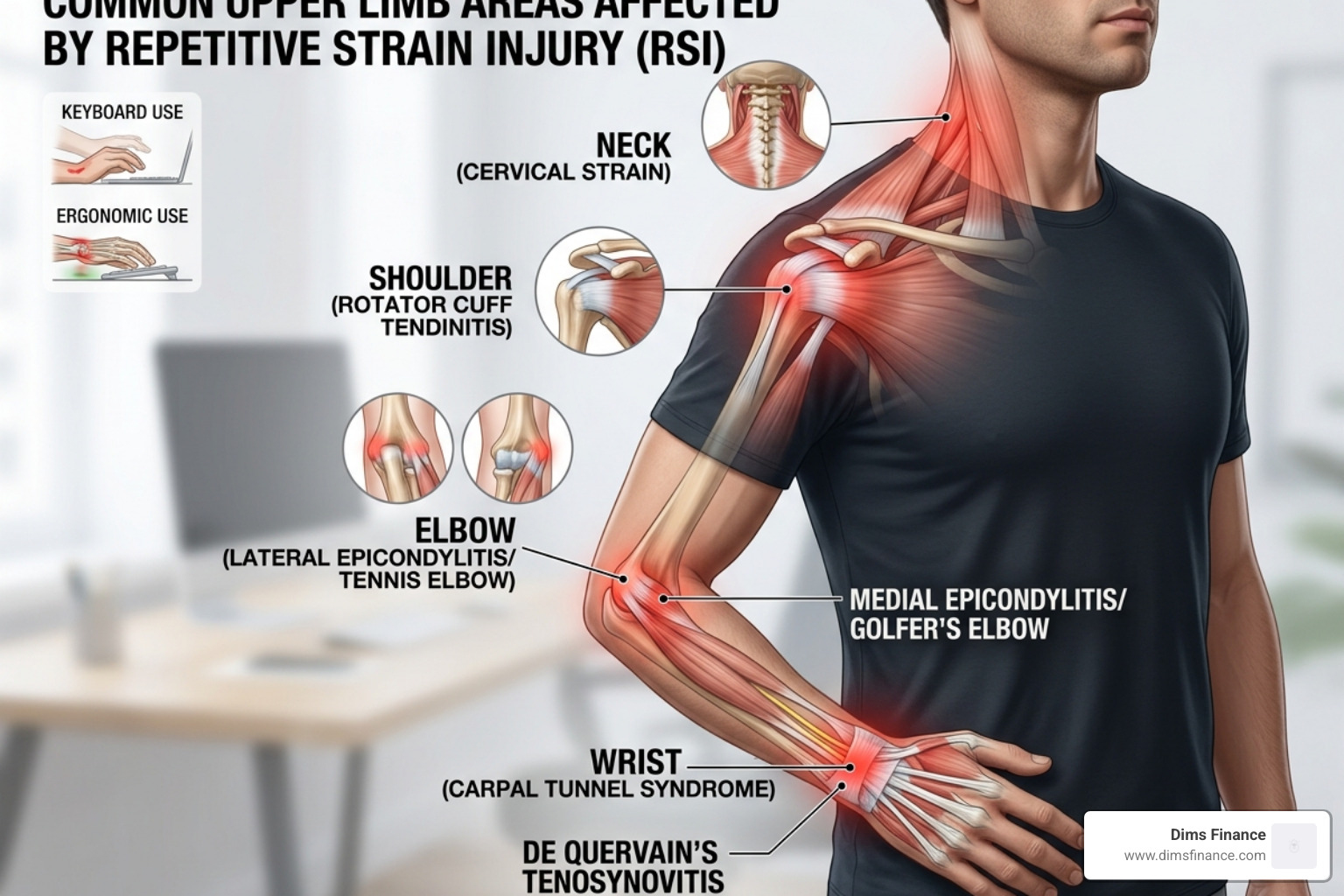 Diagram showing common upper limb areas affected by RSI: wrist, elbow, shoulder, and neck - prevent repetitive strain injury
