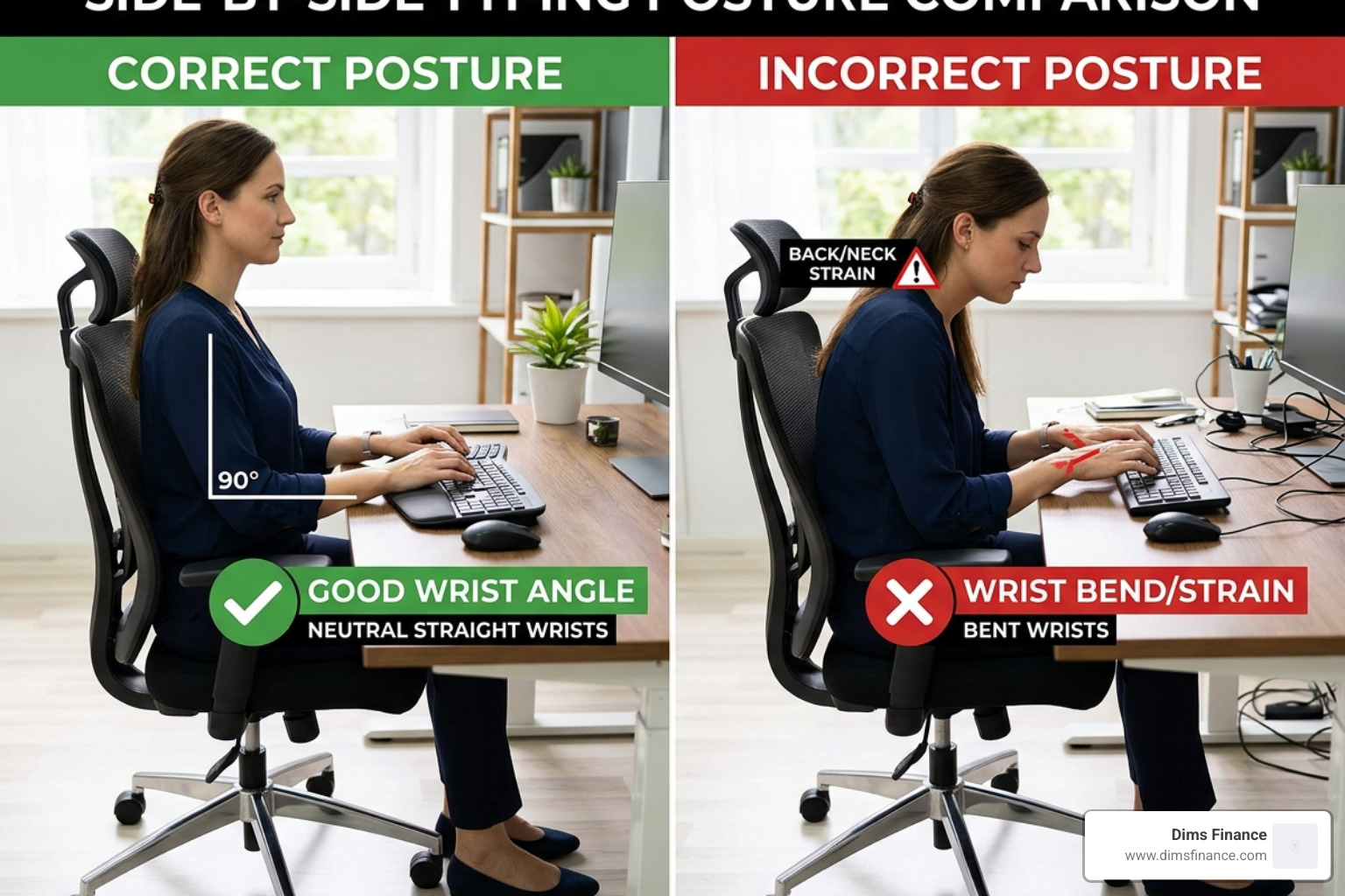Infographic showing correct vs. incorrect typing posture with green checkmarks for neutral wrists - prevent repetitive