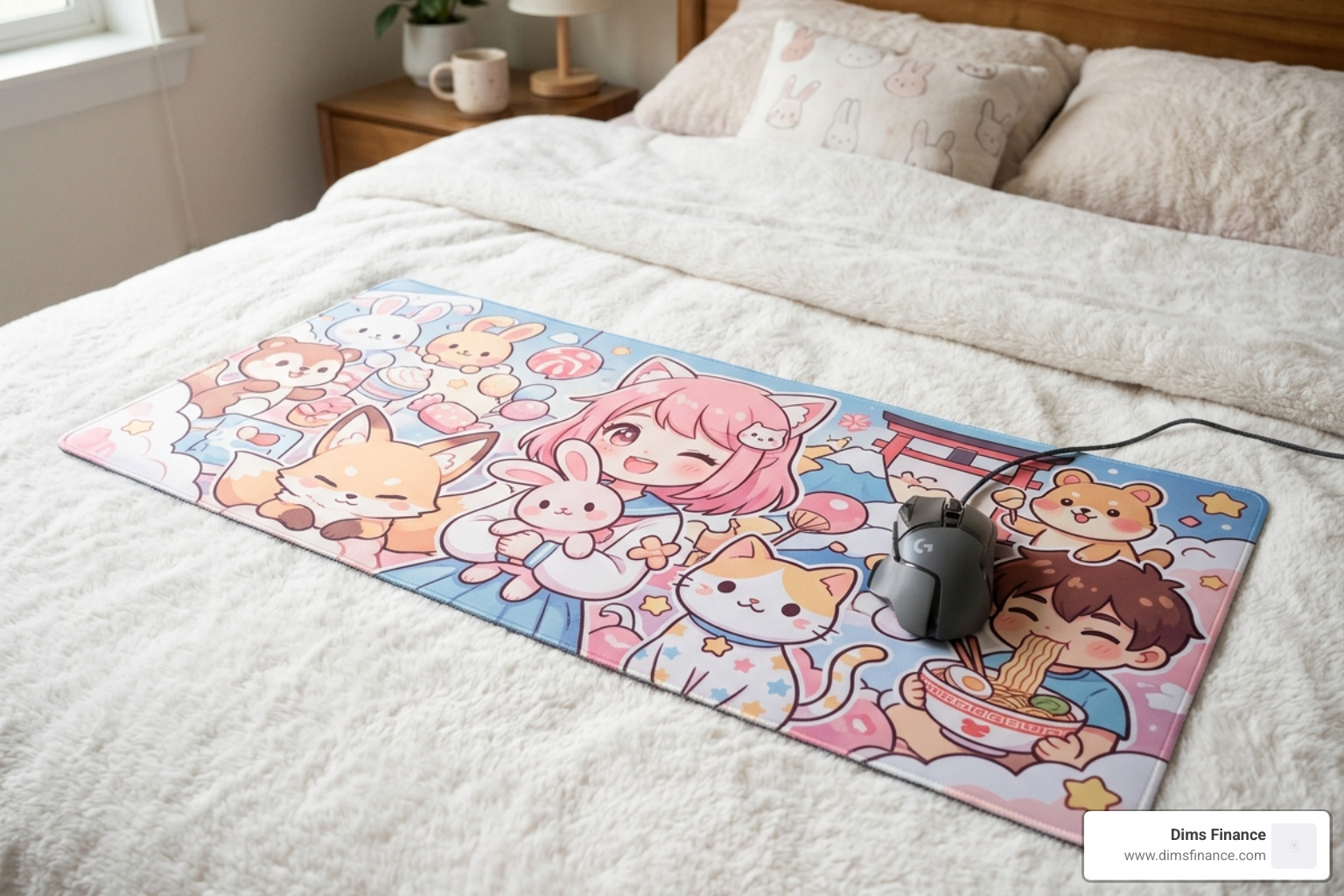 kawaii-themed large desk mat on a duvet - mouse pad for bed