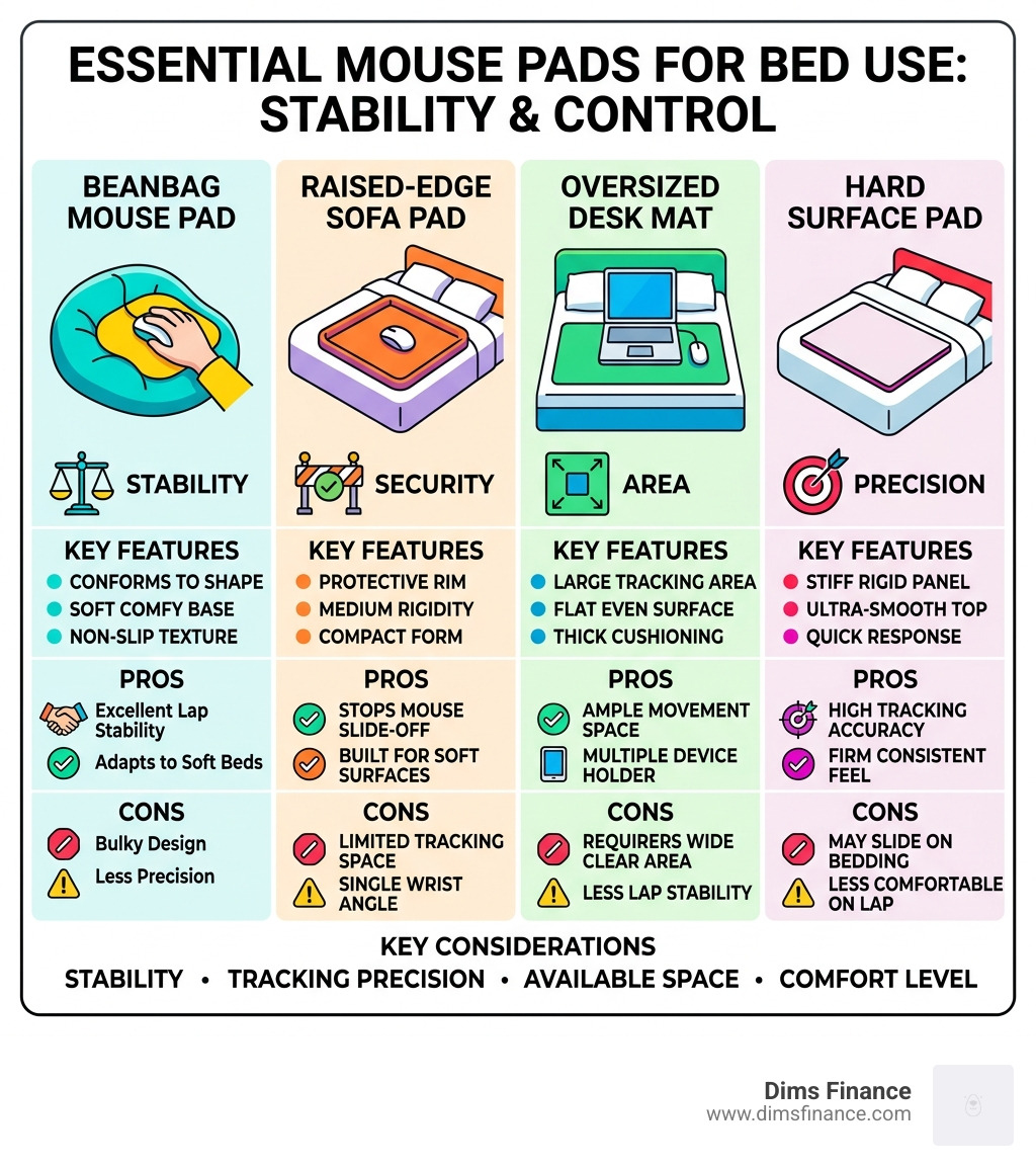 types of mouse pads for bed use with pros cons and key features comparison - mouse pad for bed infographic 