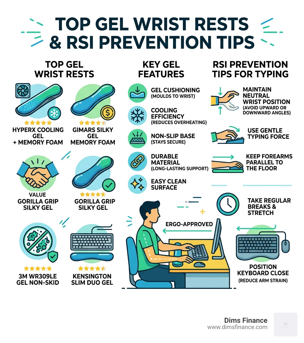 Infographic showing top gel wrist rests, key features, and RSI prevention tips for keyboard users - gel wrist rest keyboard