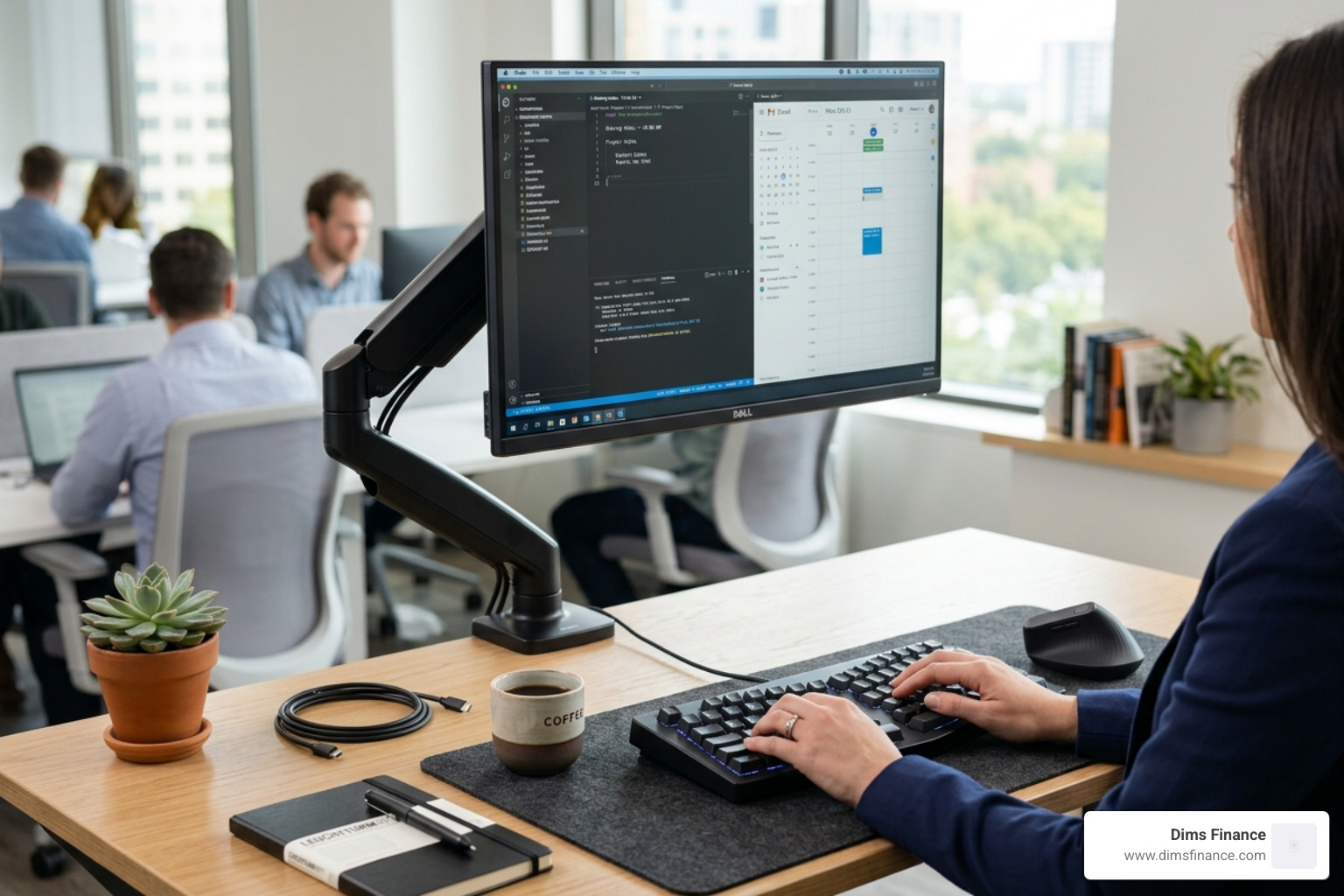 Ergonomic monitor arm holding a screen at eye level with a tidy desk setup - best desk setup for carpal tunnel
