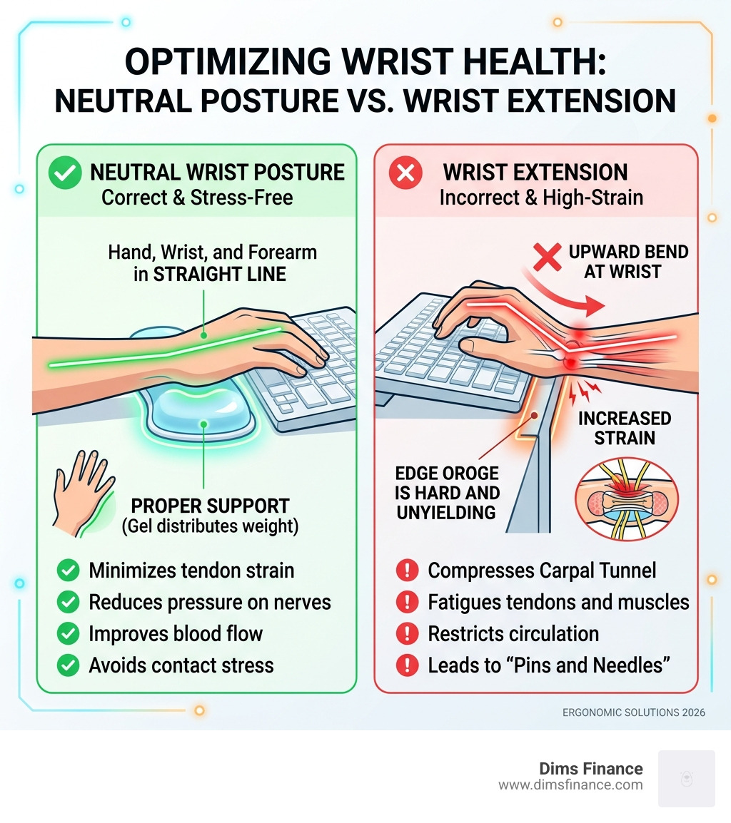 Infographic of neutral wrist posture vs wrist extension - gel wrist rest keyboard infographic 