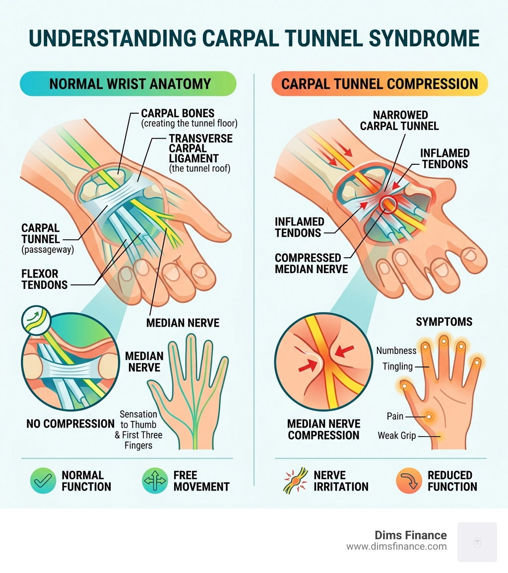 Anatomy of the carpal tunnel showing median nerve compression and wrist structure - best desk setup for carpal tunnel