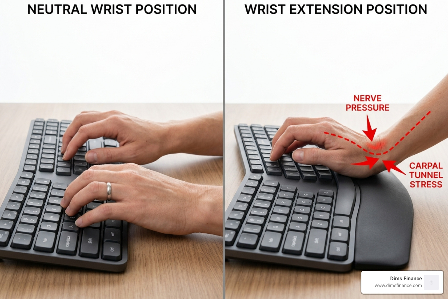 comparison of neutral wrist position vs. wrist extension showing nerve pressure - typing wrist pain