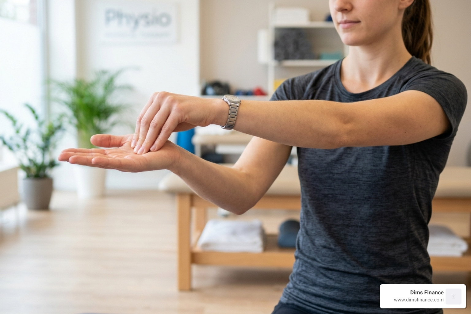 person performing a wrist flexor stretch with forearm extended - typing wrist pain