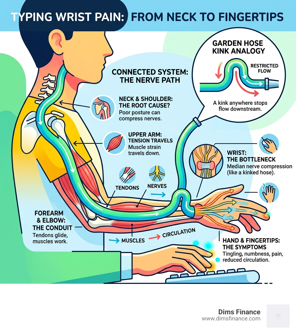 infographic showing anatomy of typing wrist pain from neck to fingertips with garden hose kink analogy - typing wrist pain