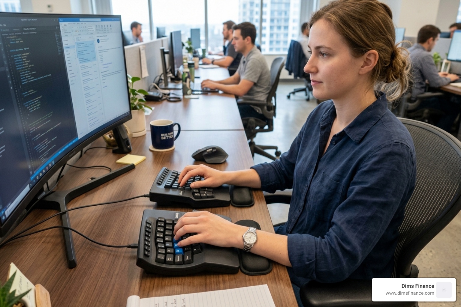 A person showing a neutral wrist position while typing on a split keyboard - ergonomic keyboard for typing