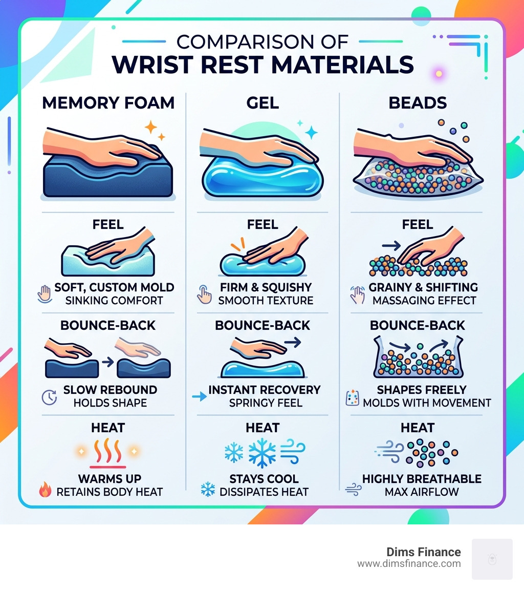Comparison of wrist rest materials memory foam vs gel vs beads - memory foam wrist rest infographic 