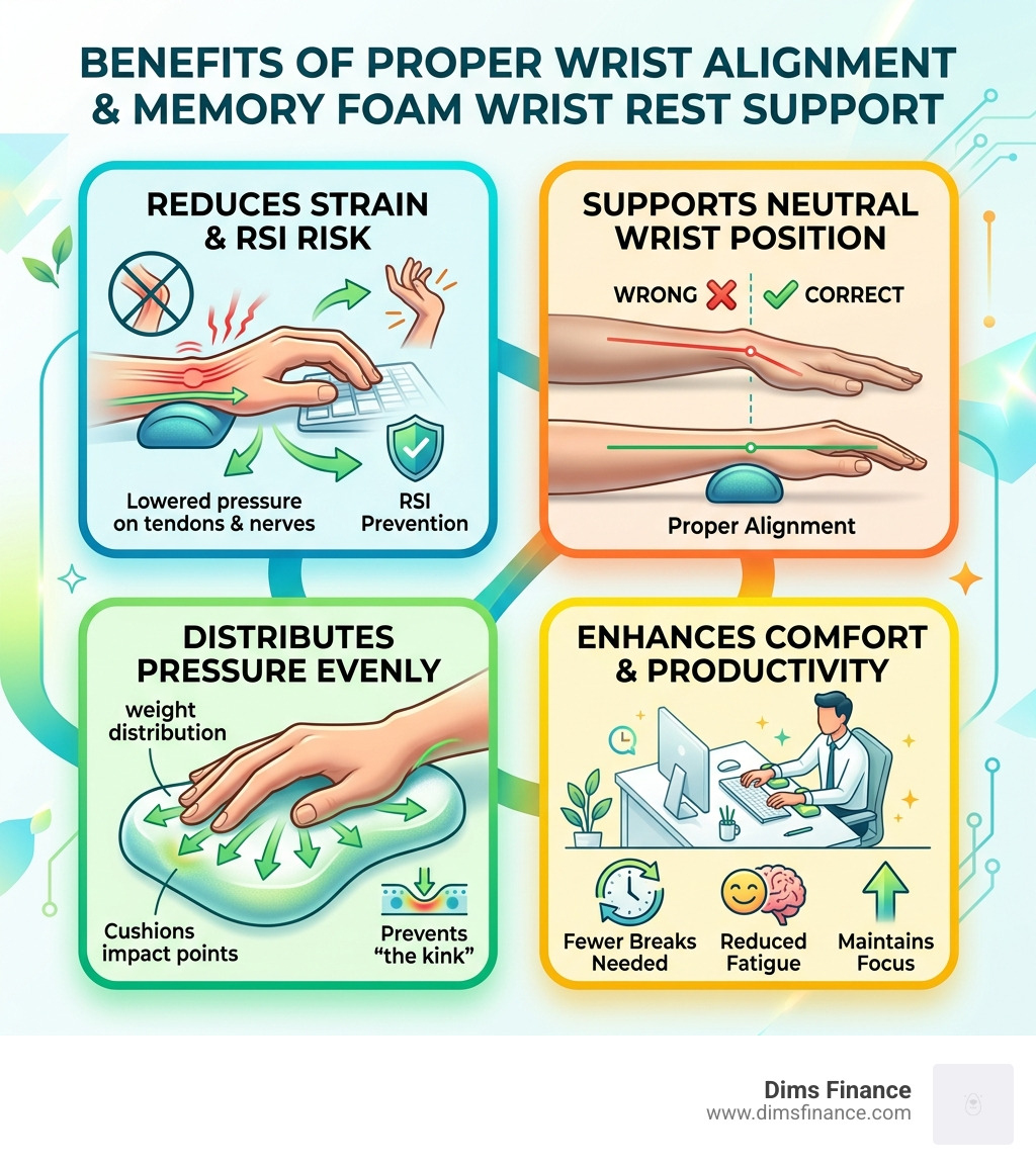 Benefits of proper wrist alignment and memory foam wrist rest support infographic - memory foam wrist rest infographic 