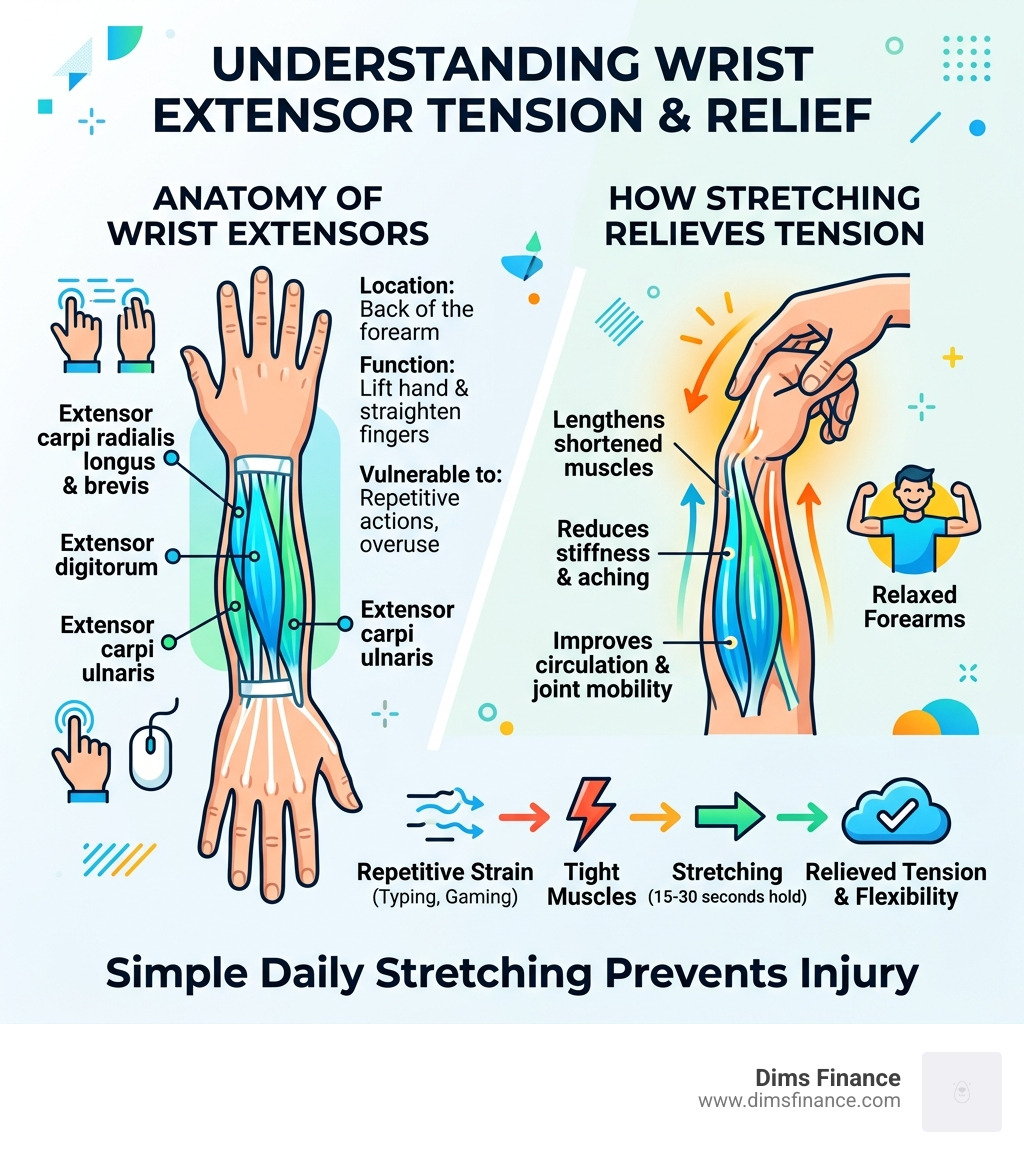 Anatomy of wrist extensor muscles and how stretching relieves forearm tension - wrist extensor stretches infographic 
