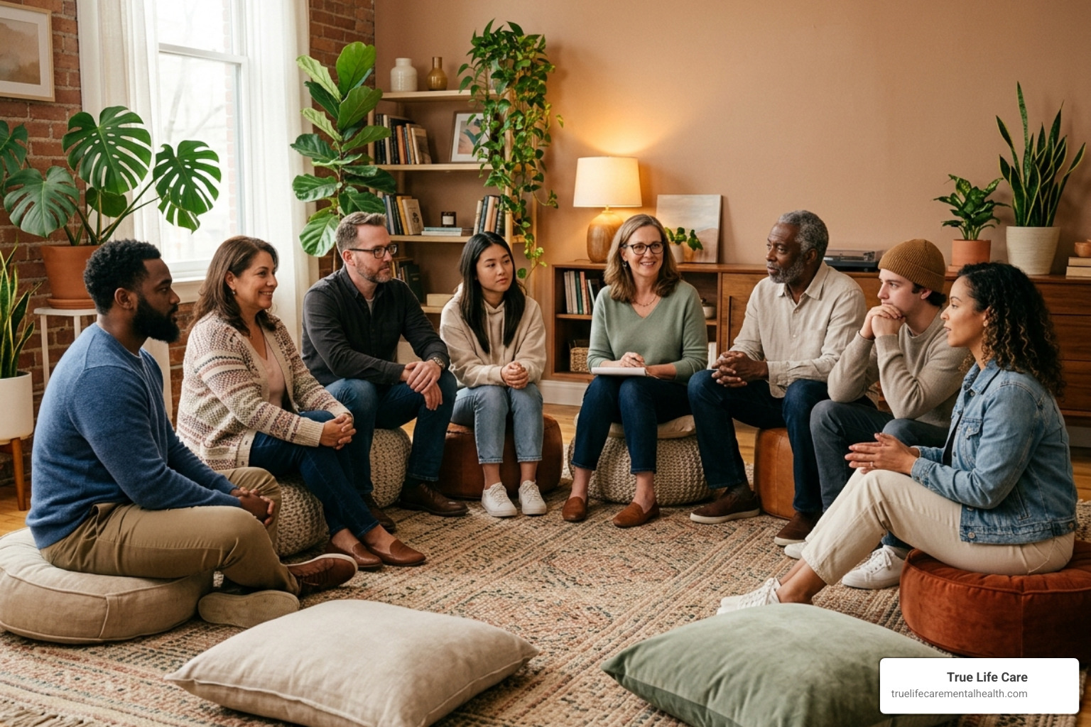 A group therapy session in a warm, holistic environment - inpatient facility for depression and anxiety