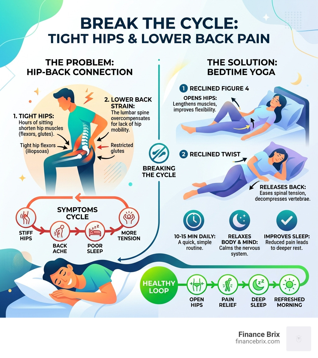Infographic showing connection between hip tightness and lower back pain, and how bedtime yoga breaks the cycle - bedtime Infographic showing connection between hip tightness and lower back pain, and how bedtime yoga breaks the cycle - bedtime