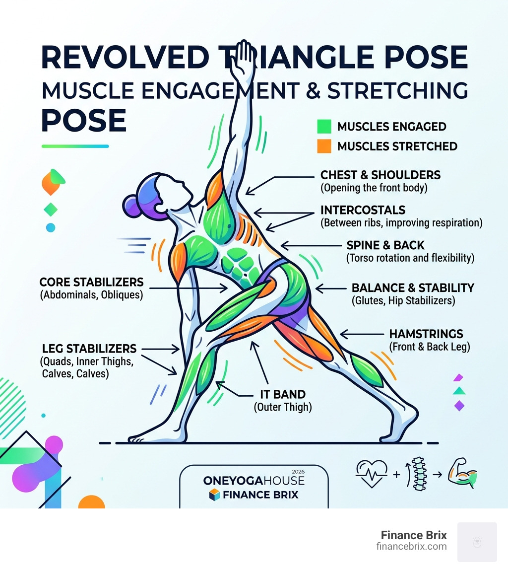 Muscles engaged and stretched during Revolved Triangle Pose - Revolved triangle pose infographic Muscles engaged and stretched during Revolved Triangle Pose - Revolved triangle pose infographic