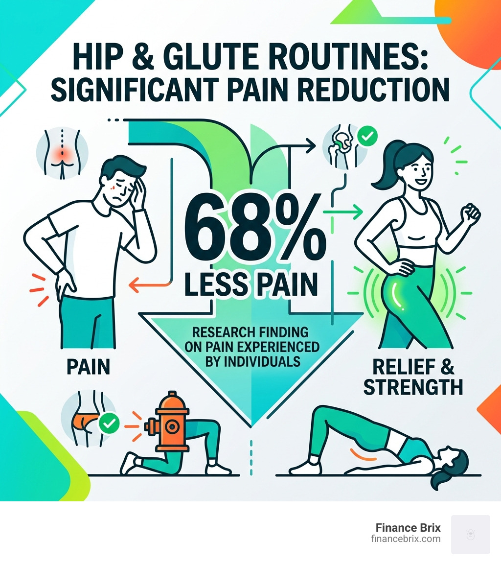Infographic showing the 68% reduction in pain experienced by individuals doing hip and glute routines - beginner fire Infographic showing the 68% reduction in pain experienced by individuals doing hip and glute routines - beginner fire