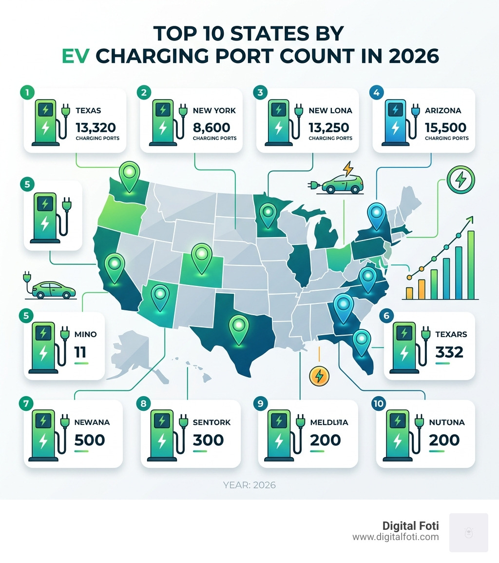 Infographic showing the top 10 states by EV charging port count in 2026 - ev charging network map infographic 