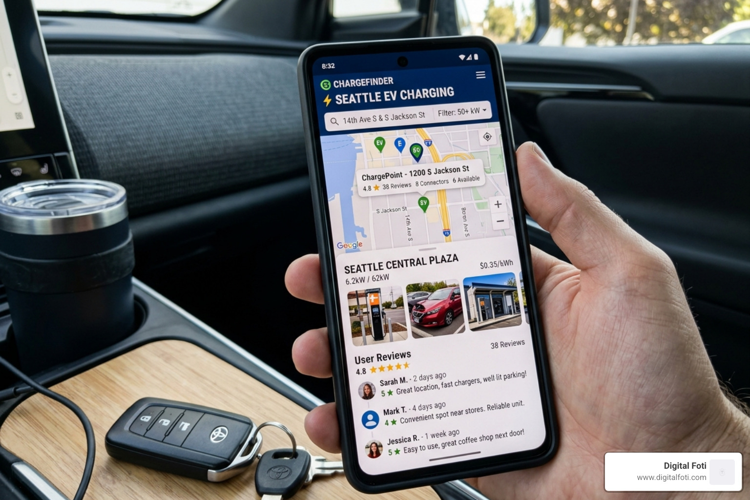 A smartphone displaying a charging app with user reviews and station photos - ev charging network map