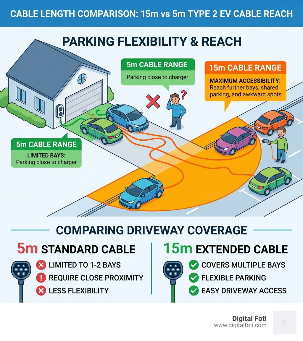 Infographic comparing 15m vs 5m Type 2 EV cable reach across a driveway with parking scenarios - type 2 ev charging cable
