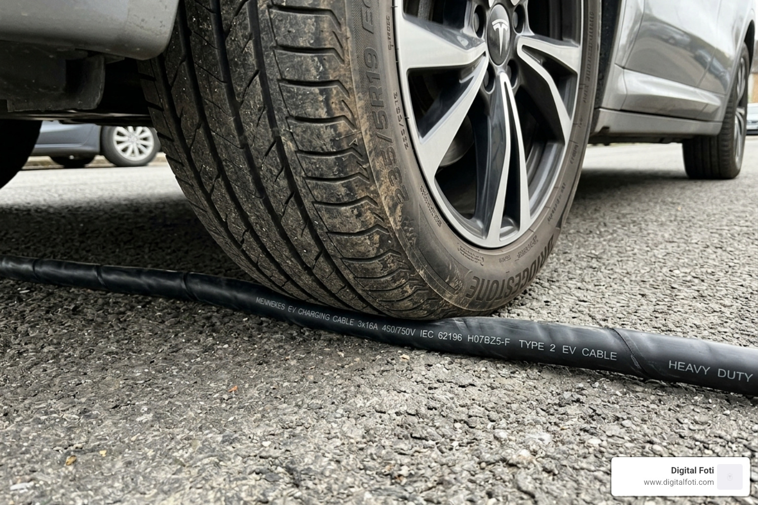 A heavy electric vehicle wheel running over a Type 2 EV charging cable to demonstrate durability - type 2 ev charging cable