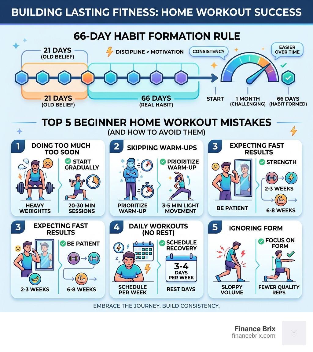 Infographic showing 66-day habit formation rule and top 5 beginner home workout mistakes - beginners at home infographic 