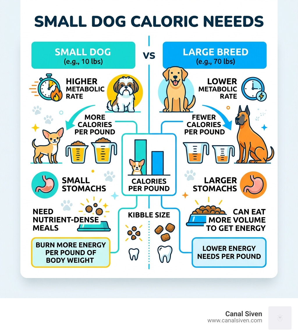 Small dog caloric needs vs large breeds comparison infographic - small dog food infographic 