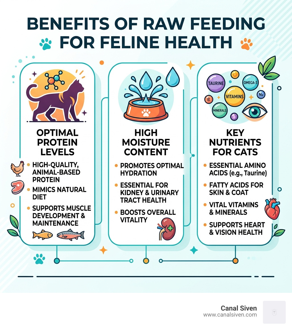 Infographic showing benefits of raw feeding for feline health including protein levels, moisture content, and key nutrients
