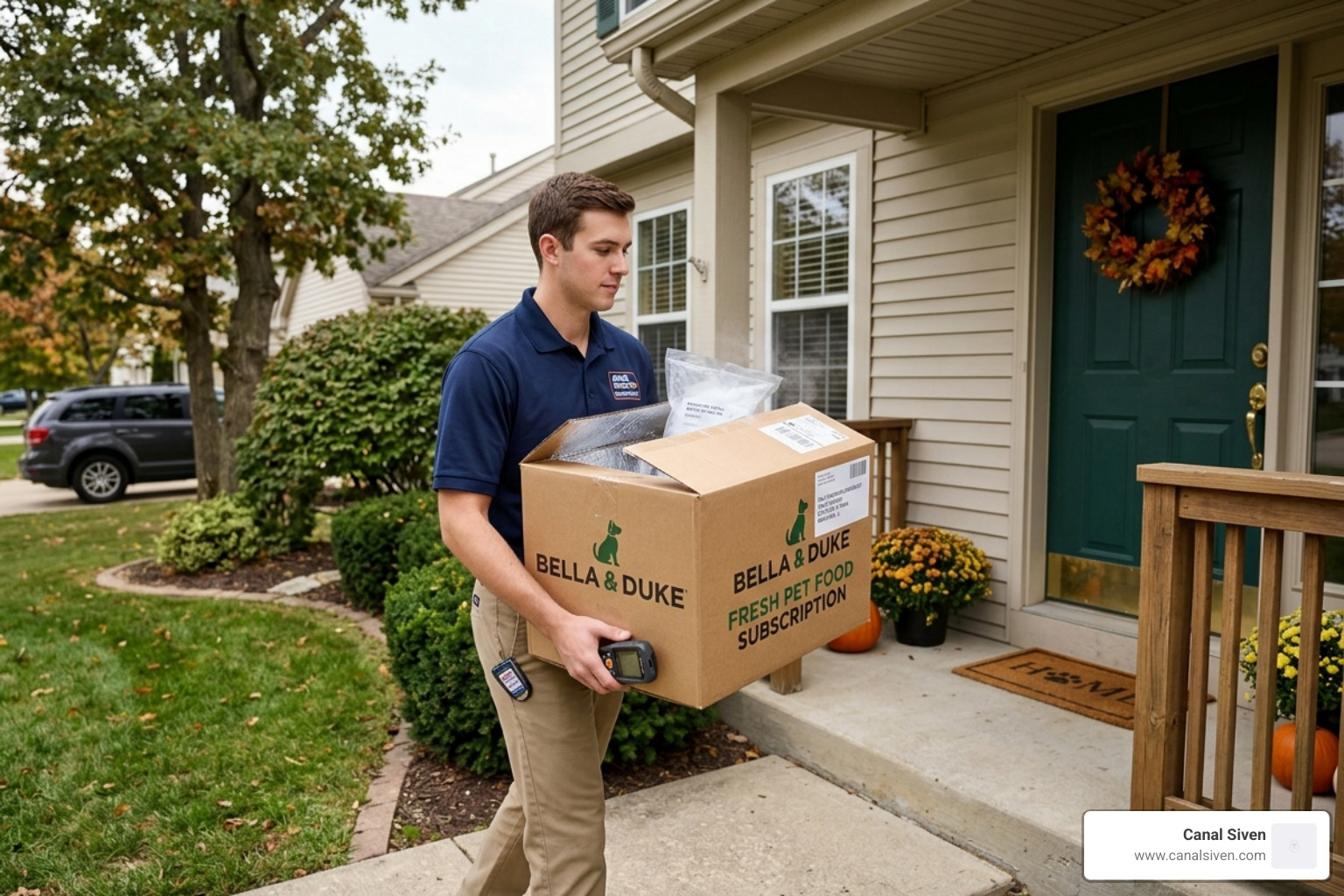 A Bella & Duke subscription box being delivered to a doorstep - bella & duke cat food
