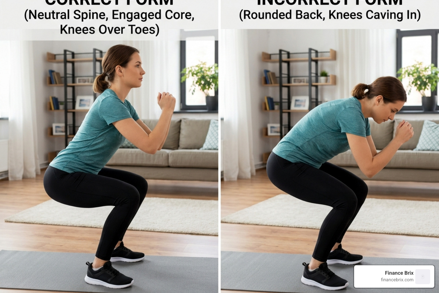 person performing a squat with a side-by-side comparison of correct vs incorrect form - beginners at home