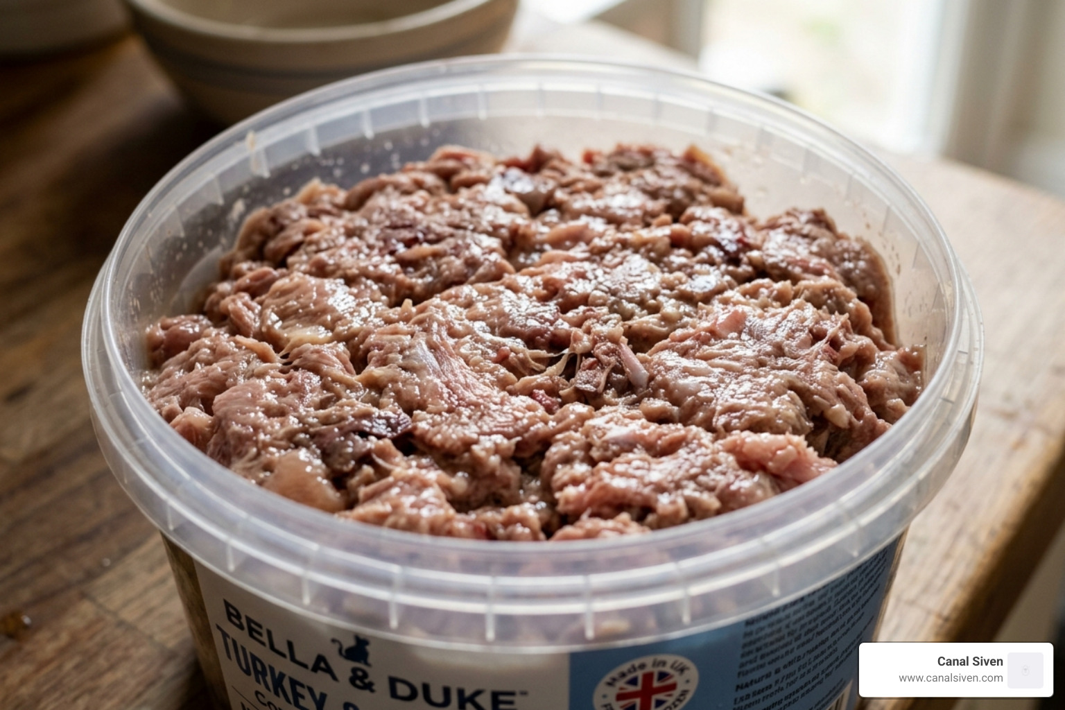 A close-up of the Bella & Duke Turkey & Chicken recipe showing the texture of the raw meat - bella & duke cat food