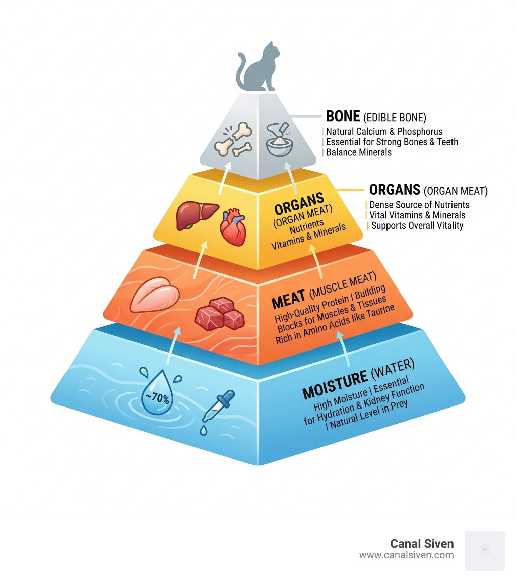 Raw cat food nutritional pyramid showing meat, organs, bone, and moisture layers - raw cat food infographic 