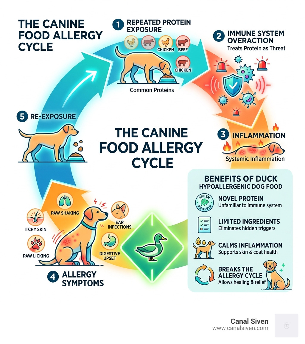 Infographic showing the canine food allergy cycle: repeated protein exposure, immune reaction, inflammation, symptoms, and