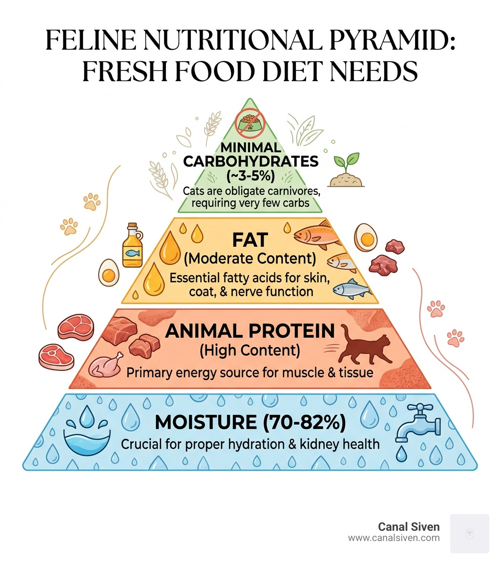 Feline nutritional pyramid showing protein, fat, moisture, and minimal carb needs - cat fresh food diet infographic 