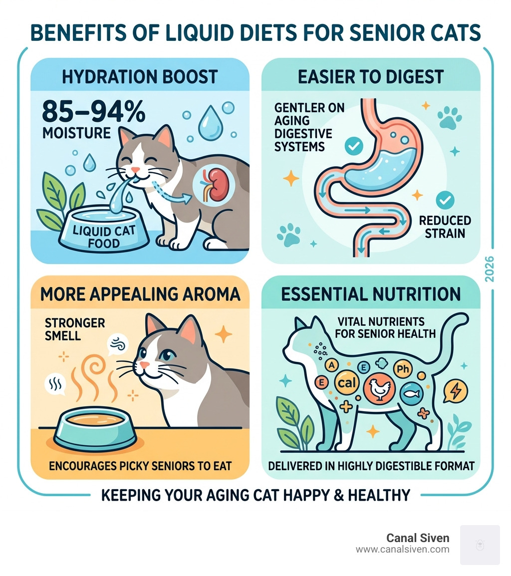 Benefits of liquid diets for senior cats infographic showing hydration, digestibility, palatability, and nutrition - liquid