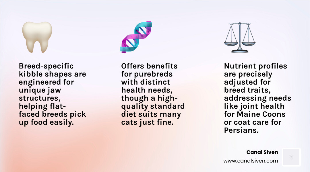 breed specific vs standard cat food comparison infographic showing kibble shapes nutrition profiles and price - breed