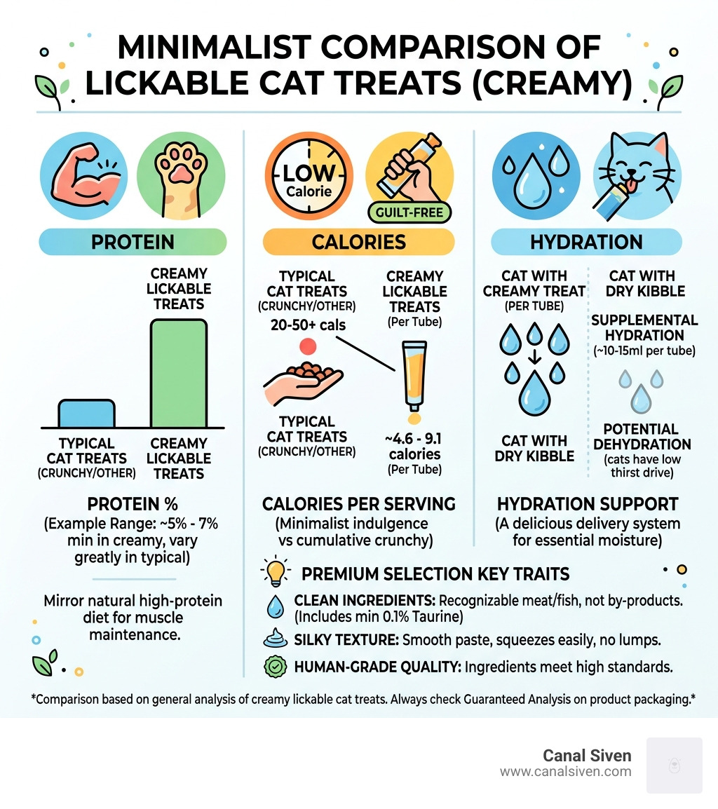 Comparison of protein and calories in top lickable cat treats - cat treats creamy infographic 
