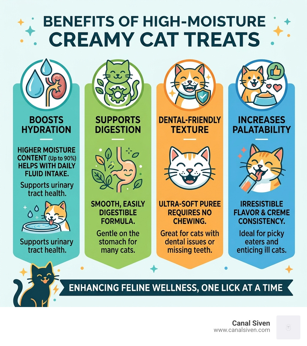 Benefits of high-moisture creamy cat treats for feline health infographic - cat treats creamy infographic 