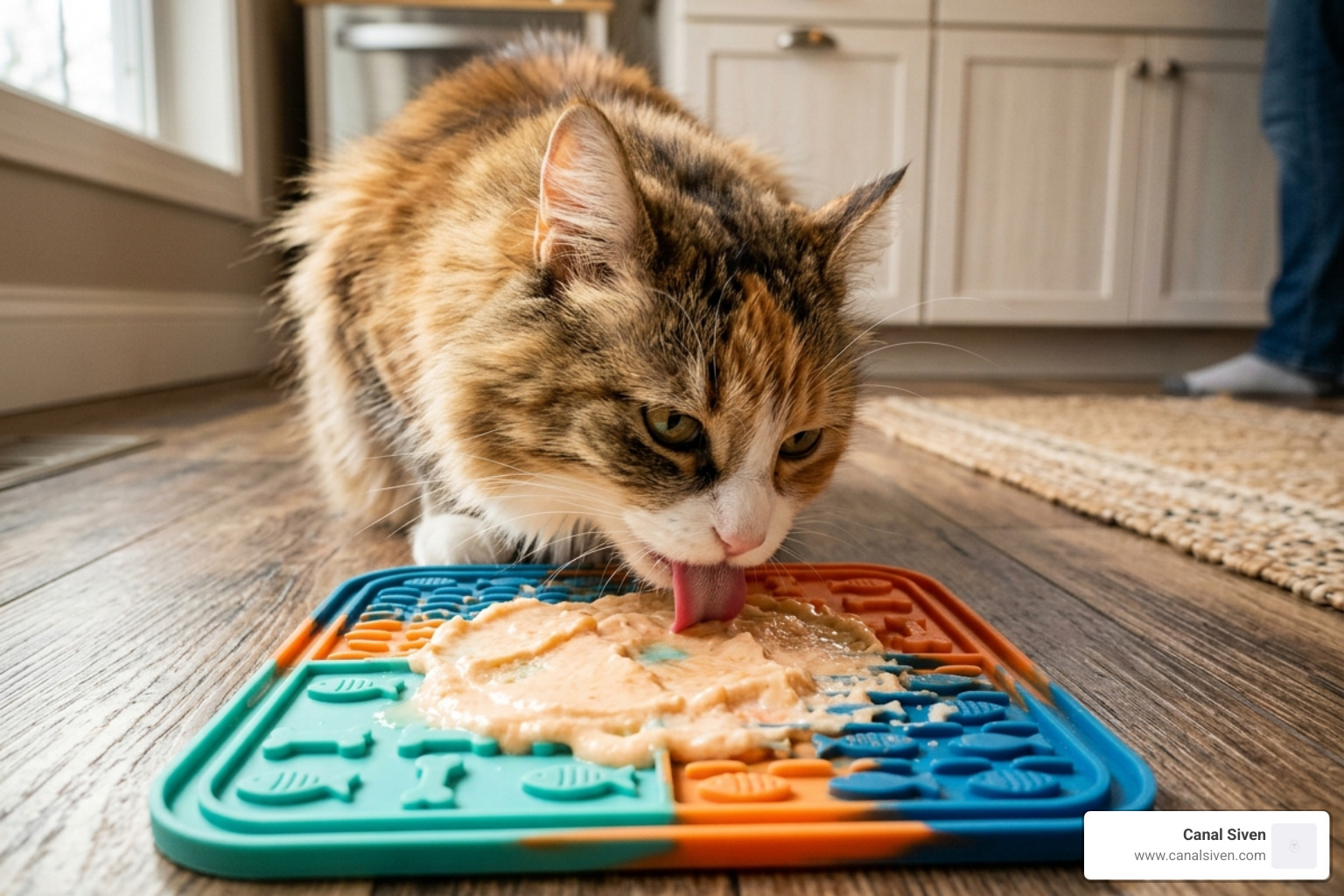 Cat licking a frozen creamy treat from a silicone mat - cat treats creamy